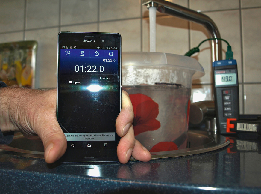 Der 10-Liter-Eimer war nach 1:22 gefüllt. Macht, bitteschön, rund 21 kW.