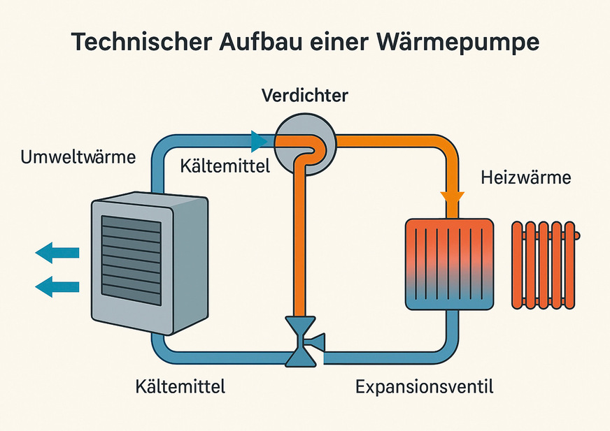 Der thermodynamische Kreislauf einer Wärmepumpe besteht aus vier Hauptkomponenten.﻿