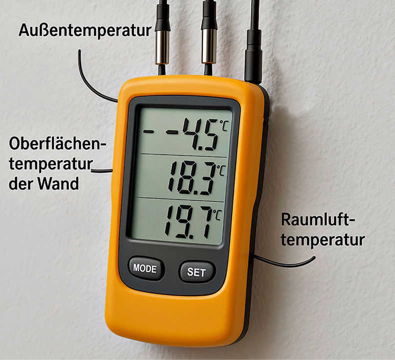 Mit entsprechenden Messungen kann der U-Wert einer Wand zerstörungsfrei ermittelt werden. Wer also den U-Wert der stuckverzierten Außenwand des Titelbilds dieses Beitrags ermitteln möchte, braucht keine Kernbohrung beauftragen um die Schichten der Wand zu ermitteln.