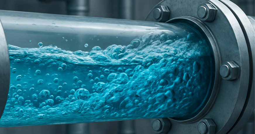 Klares Wasser strömt sichtbar durch eine transparente Rohrleitung – Luftblasen und Flanschverbindungen verdeutlichen den dynamischen Fluss in einem technischen System.