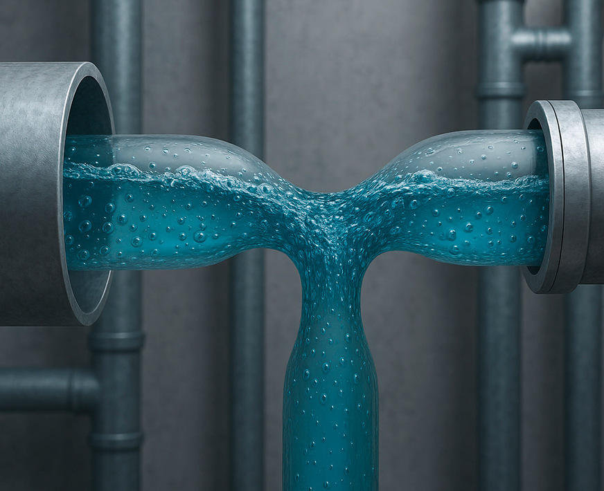 Das Bild zeigt die Verengung einer Rohrleitung: Während sich der Querschnitt verringert, erhöht sich die Strömungsgeschwindigkeit – ein anschauliches Beispiel für die Kontinuitätsgleichung.