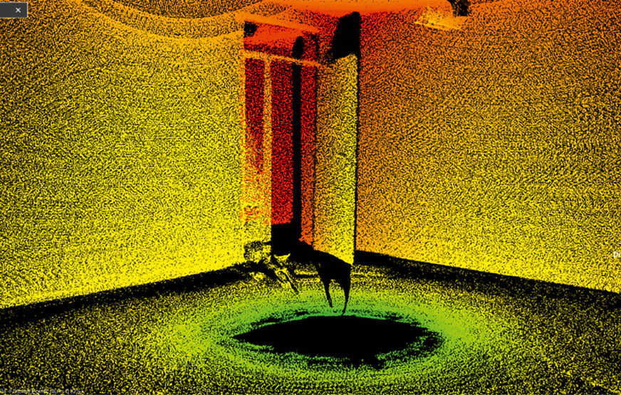 Die sogenannte Punktwolke zeigt die beispielhafte ­Lasermessung eines Eingangs. Mit diesem Lasermesssystem kann auch die ­Umgebung des Duschkabinenbereichs genaustens erfasst werden.