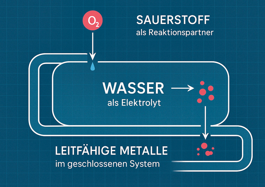 Wasser als Elektrolyt, Sauerstoff als Reaktionspartner und eine leitfähige Verbindung.