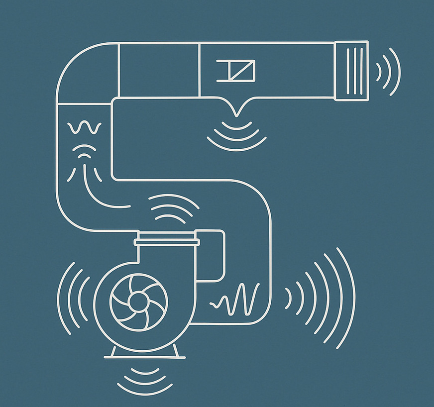 Die typischen Schallquellen einer zentralen ­Lüftungsanlage: Ventilator, Umlenkungen, Regelklappen und Luftauslässe.