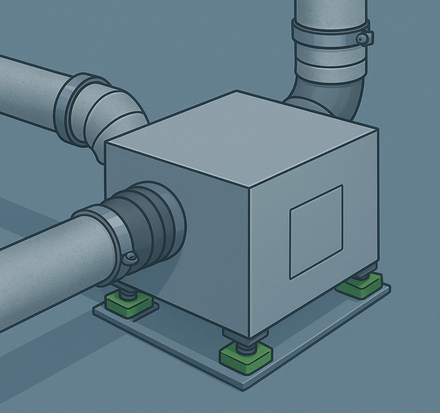 Ein zentrales Lüftungsgerät auf schwingungsdämpfenden Elementen, mit flexiblen Anschlüssen und gedämmten Rohrschellen – Maßnahmen zur Vermeidung von Körperschallübertragung.