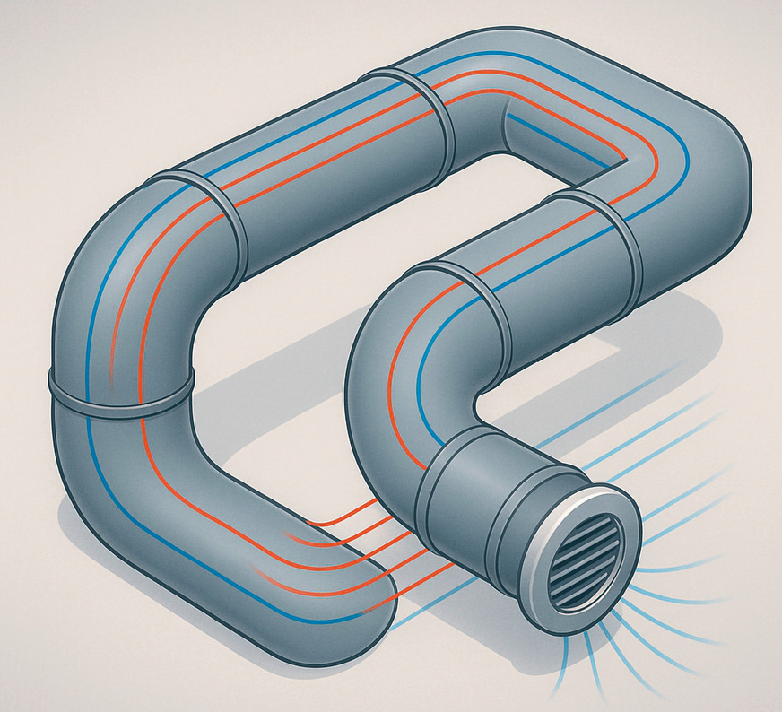 Ein strömungsoptimiertes Kanalsystems mit Bögen und Luftauslass, der die Luft gleichmäßig in den Raum verteilt.