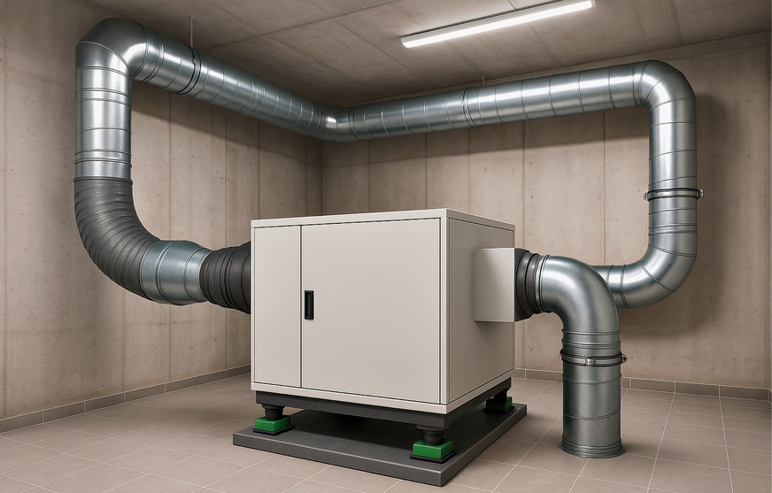 Technikraum mit zentraler Lüftungsanlage: Das Gerät ist auf schwingungsdämpfenden Elementen montiert und über flexible Anschlüsse mit dem Kanalsystem verbunden.