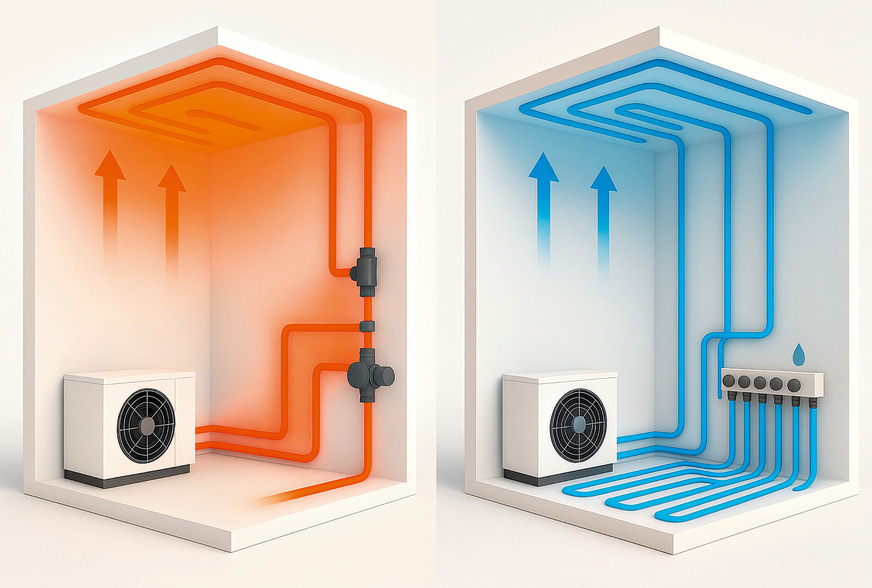 Flächenheizung/-kühlung im Vergleich: warme Verteilung (rot) vs. kühle Verteilung (blau) mit Wärmepumpe.