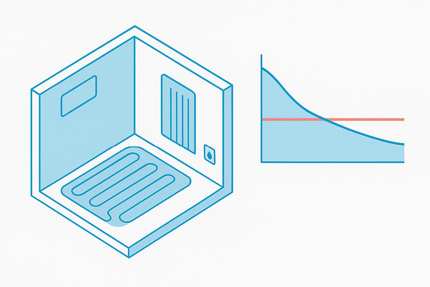 Taupunktüberwachung: Die Oberflächentemperatur bleibt sicher über der Taupunktlinie.