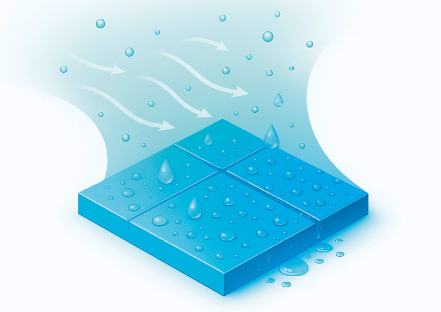 Wird der Taupunkt unterschritten, bildet sich Kondensat auf der kalten Fliese.