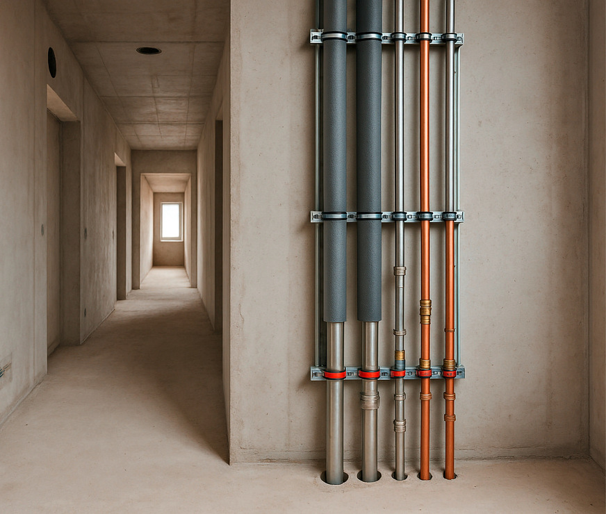 Statt vieler Einzelrohre im Schacht kommt die Steigzone als vormontiertes Paket in den Rohbau.