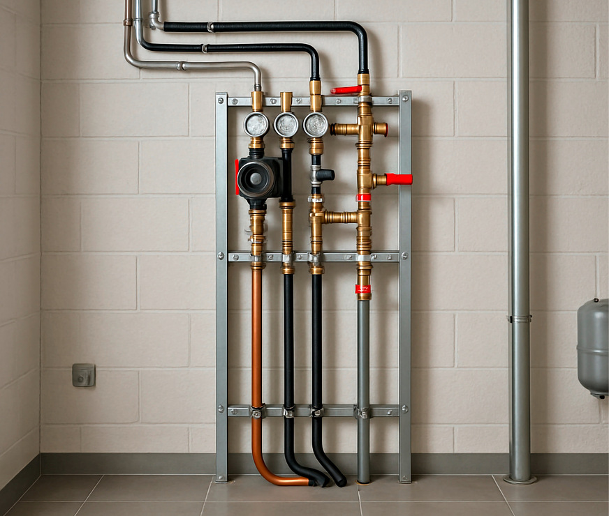 Statt lose verteilter Einzelbauteile wird die SHK-Technikzentrale als übersichtliches, vorgefertigtes Modul eingebaut.