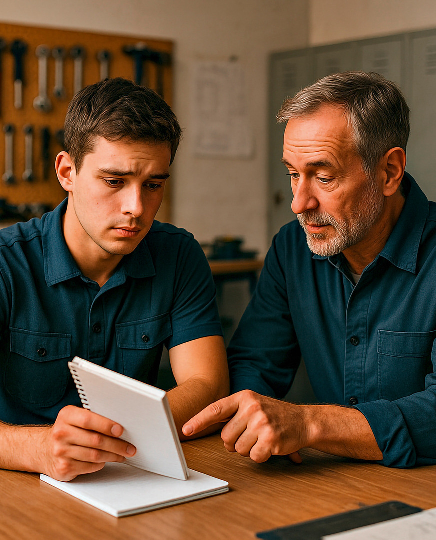 Vor dem Chefgespräch: Ein jüngerer Monteur holt sich Rückendeckung und Tipps vom erfahrenen Kollegen.