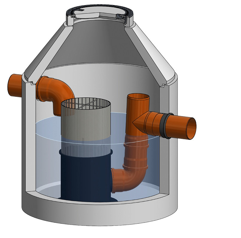 Isometrische Darstellung des Filterschachts. Links&nbsp;der Zulauf von der Dachfläche, rechts der Abfluss des gereinigten Wassers aus dem ­Inneren des Filtersiebzylinders in den Regenspeicher. Die&nbsp;Maschenweite des Edelstahlspaltsiebfilters beträgt 0,6&nbsp;mm. Filtergut wird periodisch von oben abgesaugt.