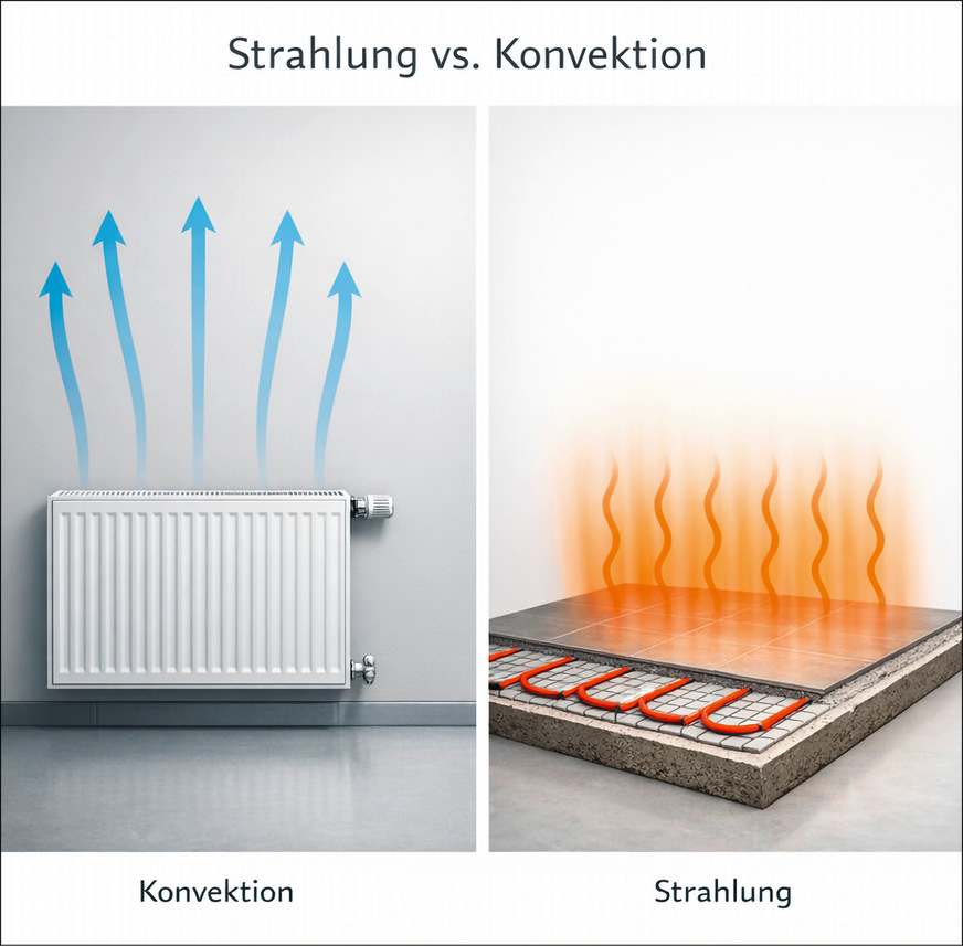 Während der Heizkörper einen großen Teil seiner Wärme über Luftbewegung abgibt, arbeitet die Fußbodenheizung mit ­einem hohen Strahlungsanteil – ein wesentlicher Grund für das oft angenehmere Wärmeempfinden.