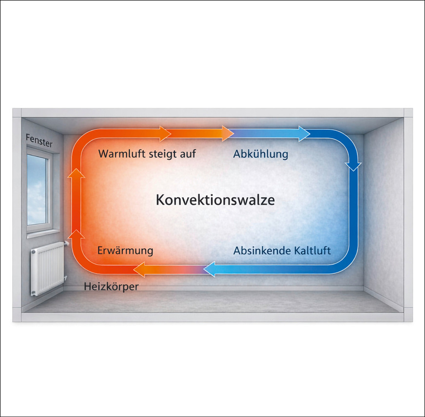 Am Heizkörper erwärmte Luft steigt auf, kühlt an den Raumbegrenzungsflächen wieder ab und sinkt anschließend zu Boden: So entsteht die typische Konvektionswalze, die für die Wärmeverteilung bei klassischen Heizkörpern entscheidend ist.
