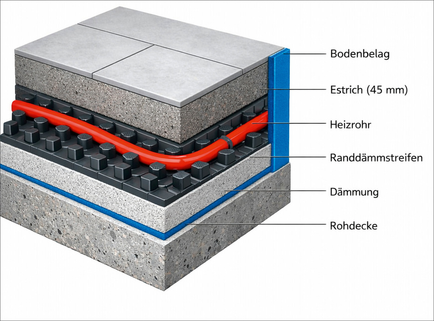 Der Aufbau einer Fußbodenheizung zeigt, wie Wärme über Rohr, Estrich und Bodenbelag in den Raum gelangt – und warum Dämmung, Randdämmstreifen und Belag großen Einfluss auf Effizienz und Reaktionszeit haben.