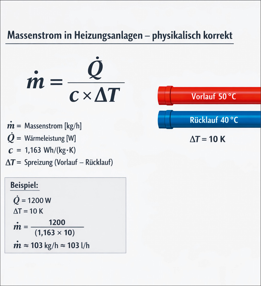 Der notwendige Massenstrom ergibt sich aus Heizleistung und Spreizung: Je größer die Temperaturdifferenz zwischen Vor- und Rücklauf, desto geringer fällt der erforderliche Volumenstrom im Heizkreis aus.