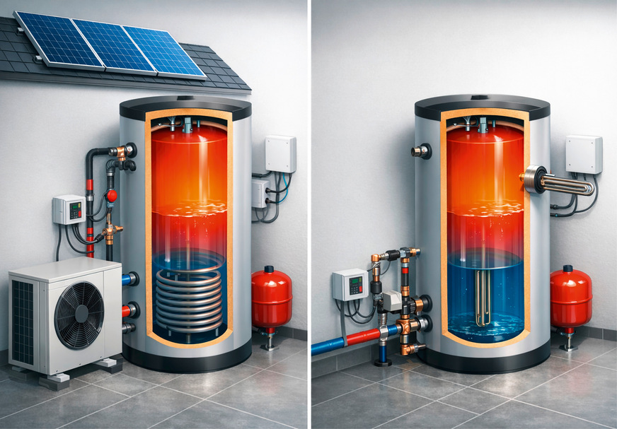 Schematische Darstellung: Überschüssiger PV-Strom kann Warmwasser entweder über die Wärmepumpe oder direkt über einen Heizstab bereitstellen. Technisch ist beides möglich – energetisch ist die Wärmepumpe in der Regel deutlich im Vorteil.
