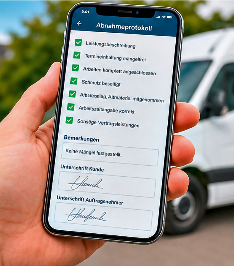 Ein Abnahmeprotokoll hält fest, welche Leistungen erbracht wurden und ob der Kunde sie bestätigt hat.
