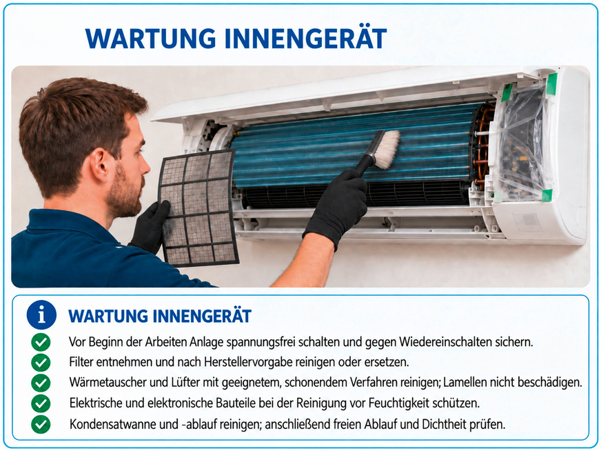 Sauberkeit erhält die Leistung: Filter, Wärmetauscher, Lüfter sowie Kondensatwanne und -ablauf gehören zu den wichtigen Prüfpunkten bei der Wartung eines Innengeräts.