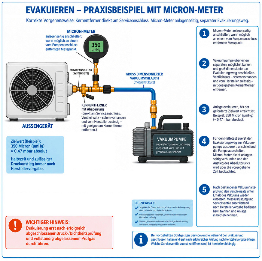 Vakuum kontrolliert messen: Das Micron-Meter sitzt anlagenseitig und möglichst weit vom Pumpenanschluss entfernt – so lässt sich Evakuierung und Vakuumhalteprüfung zuverlässig beurteilen.