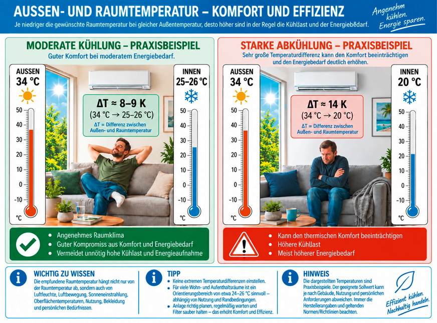 Nicht unnötig stark herunterkühlen: Eine sehr niedrige Raumtemperatur erhöht bei gleicher Außentemperatur in der Regel Kühllast und Energiebedarf und kann den thermischen Komfort beeinträchtigen.