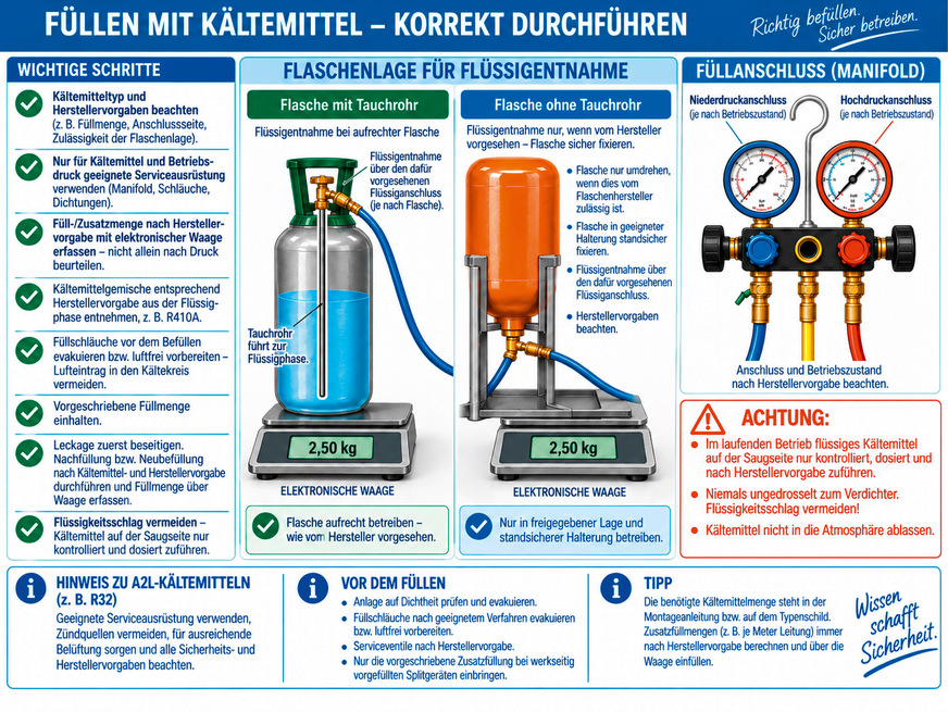 Kältemittel korrekt einfüllen: Flaschenlage, Entnahmeart und Füllmenge richten sich nach Kältemittel und Herstellervorgaben; die eingebrachte Menge wird mit einer elektronischen Waage kontrolliert.