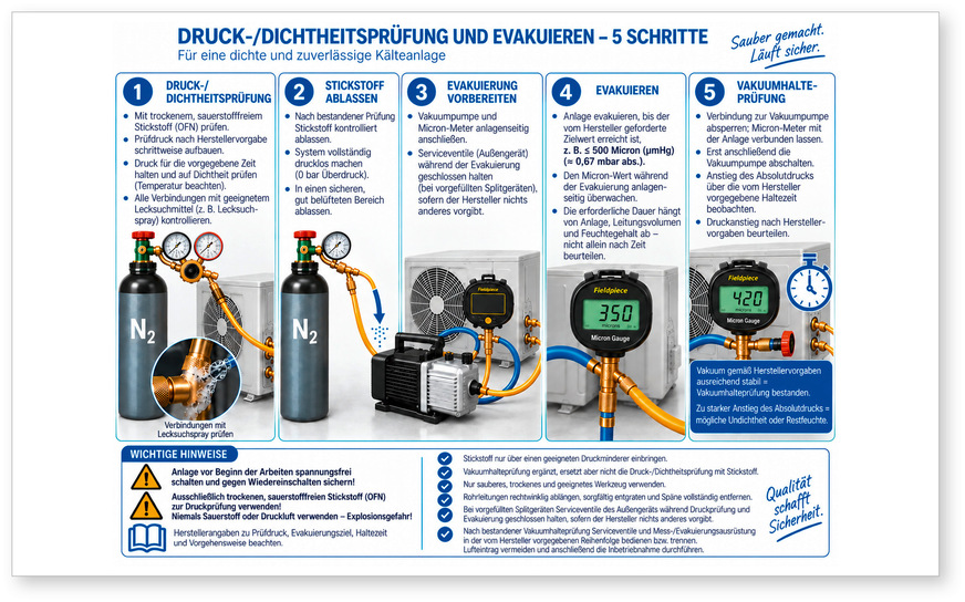 Erst prüfen, dann evakuieren: Nach bestandener Druck- und Dichtheitsprüfung wird das Prüfgas vollständig abgelassen, anschließend die Anlage evakuiert und das Vakuum auf Stabilität geprüft.