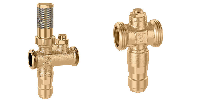 Die Frostschutzventile der Serie 108 von Caleffi für den Heizkreislauf von Wärmepumpenanlagen. Links die Version mit ­Umgebungsluftfühler, rechts die Standardversion, die es auch für Wärmepumpen­systeme mit bis zu 90&nbsp;°C Vorlauftemperatur gibt.