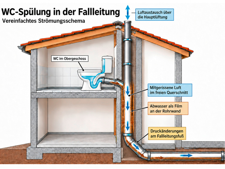 Eine WC-Spülung bewegt Wasser und Luft in der Fallleitung. Dabei können Druckschwankungen entstehen, die bis zu angeschlossenen Geruchsverschlüssen wirken. Die Hauptlüftung ermöglicht den Luftaustausch und trägt zum Druckausgleich bei. Die Grafik zeigt ein vereinfachtes Strömungsschema.