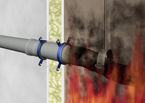 Phase 1: Im Brandfall wird das Rohr durch die Hitzeeinwirkung weich. Parallel beginnt das Aufquellen der Manschette - © Bild: Doyma
