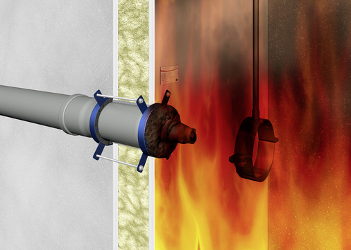 Phase 2: Dadurch, dass das intumeszierende Material nicht nach außen entweichen kann, schnürt es das Rohr im Brandraum ab - © Bild: Doyma
