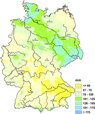 Niederschlagsmengen in Deutschland nach Regionen farblich ­markiert (1 Millimeter entspricht 1 l pro m2) - © Bild: Institut für Meteorologie und Klimaforschung
