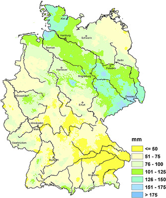 Niederschlagsmengen in Deutschland nach Regionen farblich ­markiert (1 Millimeter entspricht 1 l pro m2)