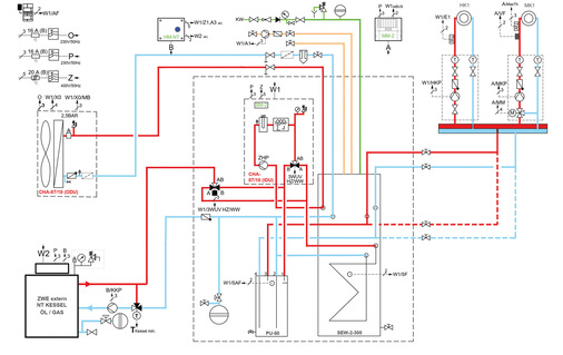 Schaltbild für Hybridcenter CHC-Monoblock 300- 50S CHA-07/10 mit Kessel Niedertemperatur ÖL/Gas ≤ 30kW