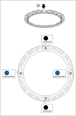 Im kreisrunden Deckenelement werden die Zuläufe für das jeweilige Duscherlebnis angesteuert. Dieses Deckenelement installiert natürlich nur ein Profi, also ein Anlagenmechaniker.