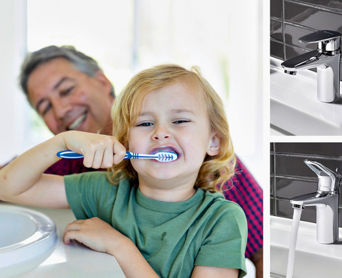 Entspannt im Bad: Die Einhebelmischer Waschtisch-Armaturen der Serie Modus mit ThermoProtect-Technologie schützen vor Verbrühungen und sorgen dafür, dass das Wasser nicht heißer als 38 °C wird. Erhältlich als Design- oder Bügelvariante.