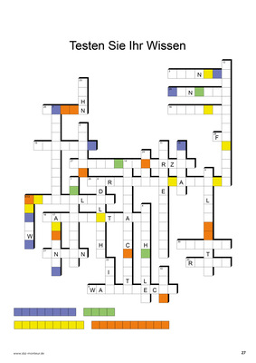 Ein deutsches Kreuzworträtsel mit dem Titel "Testen Sie Ihr Wissen" mit farbigen und weißen Quadraten.