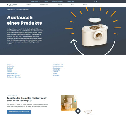 Ein eigener Bereich zum Produktaustausch zeigt, welche aktuellen Modelle kompatibel zu älteren Anlagen sind und erleichtert so Planung und Ersatz im Bestand.