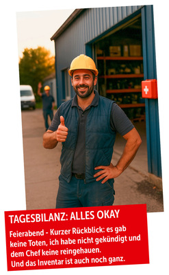 Ein lächelnder Arbeiter mit Schutzhelm zeigt vor einem Lagerhaus den Daumen nach oben. Am unteren Rand ist ein deutscher Text eingeblendet. - © Bild: ChatGPT/vO/SBZ Monteur