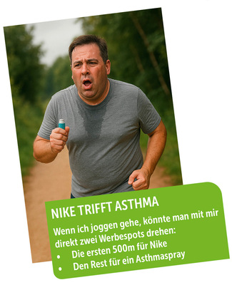 Ein Mann, der im Freien joggt, hält einen Inhalator in der Hand und sieht aus, als sei er außer Atem; der deutsche Text macht Witze über Asthma und Nike-Werbung. - © Bild: ChatGPT/vO/SBZ Monteur