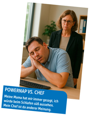 Ein Mann schläft am Schreibtisch, während eine verärgerte Frau dahinter steht und zusieht. - © Bild: ChatGPT/vO/SBZ Monteur