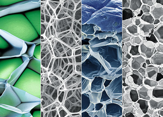 Unterschiedliche schall­absorbierende Stoffe, hier in starker 
Vergrößerung, besitzen unterschiedliche Eigenschaften was die Dämpfung 
bestimmter Frequenzen angeht (Bild: BASF)