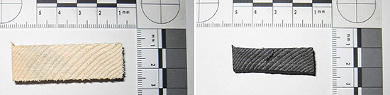 Ein Stück Fichtenholz, vor und nach der Torrefizierung
(Bild: Österreichisches Forschungsinstitut)