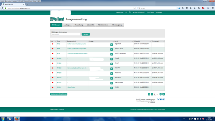In der Anlagenverwaltung, hier die Meldungen sieht der Fachhandwerker seine 
Anlagen, die er betreut.