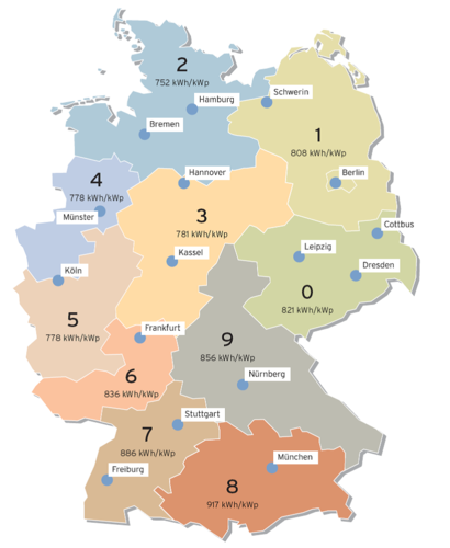 Durchschnittlicher spezifischer Ertrag nach Postleitzahlen in Kilowattstunden 
pro kWp. Grafik: Vaillant