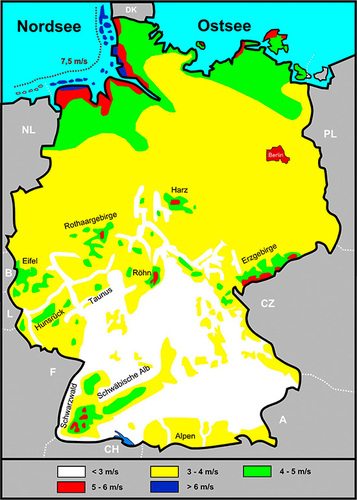 Mittlere Windgeschwindigkeiten über Deutschland (Bild: Odenwaldwind)