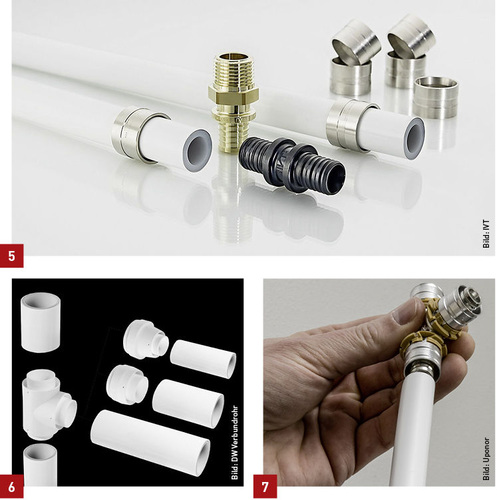 5 Das Schiebehülsen-Rohrinstallationssystem Prineto von IVT.
6 Schweißtechnik bei Mehrschichtverbundrohren von Multitubo systems.
7 Bei der Pressfittingtechnologie wird das Rohr in den Fitting eingeschoben 
und anschließend verpresst.