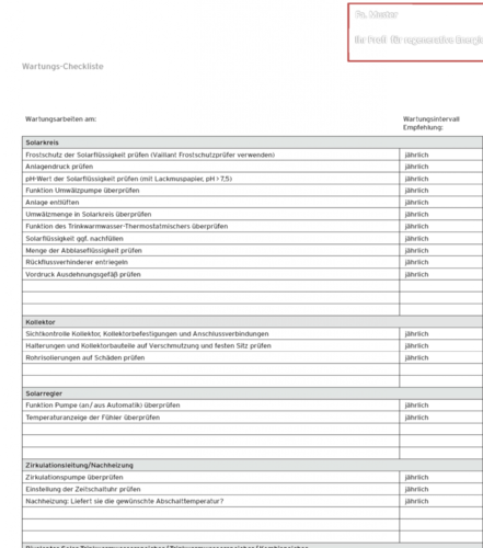 Wartungs-Protokoll Solathermie